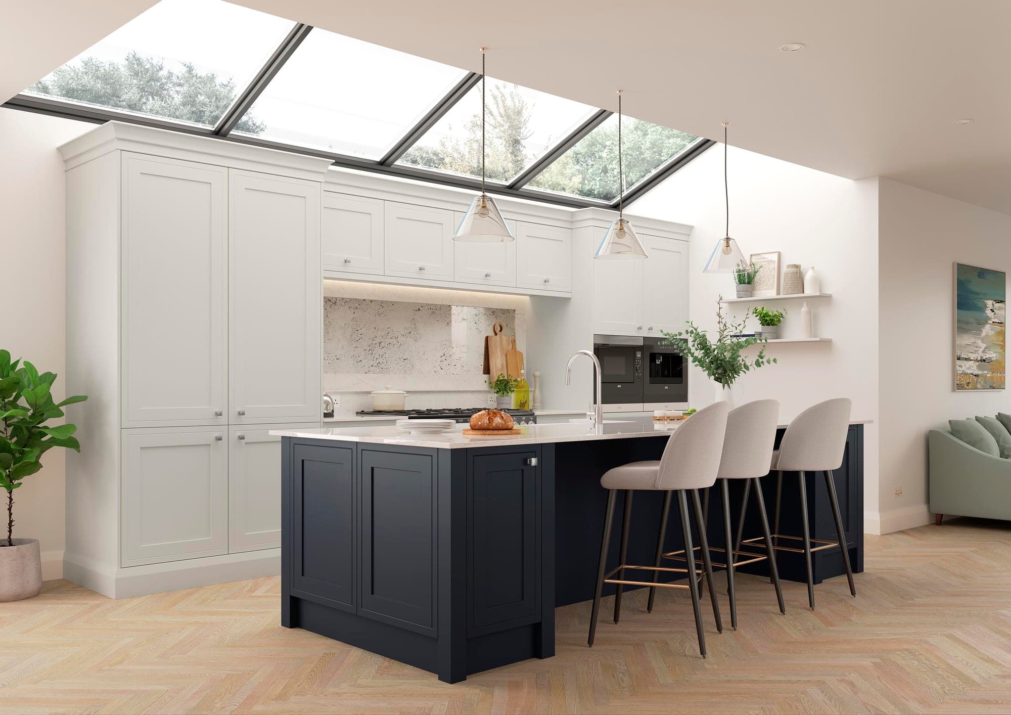 Navy shaker island under a roof lantern in a CKB kitchen